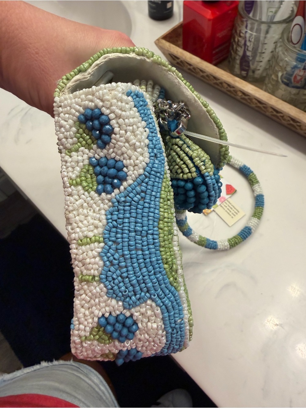 Beaded Floral Blue & Green Shoulder Bag - Picture 6 of 10